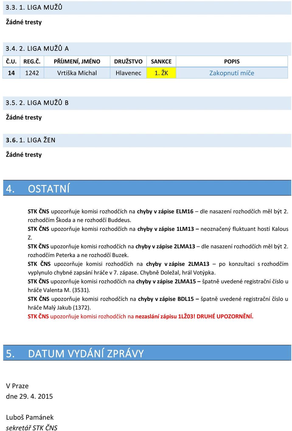 STK ČNS upozorňuje komisi rozhodčích na chyby v zápise 1LM13 neoznačený fluktuant hostí Kalous Z. STK ČNS upozorňuje komisi rozhodčích na chyby v zápise 2LMA13 dle nasazení rozhodčích měl být 2.