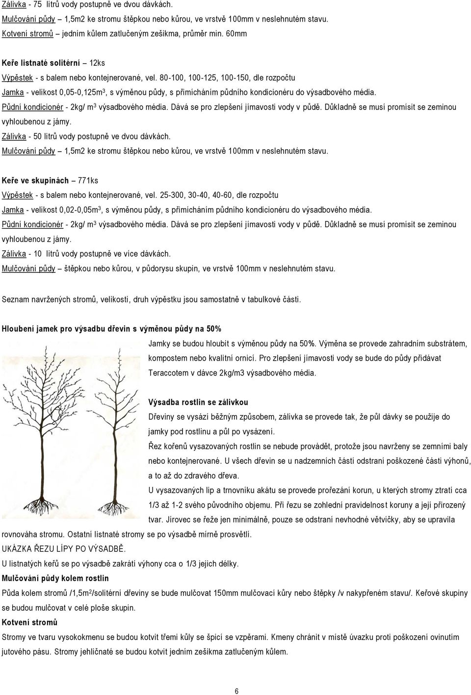 80-100, 100-125, 100-150, dle rozpočtu Jamka - velikost 0,05-0,125m 3, s výměnou půdy, s přimícháním půdního kondicionéru do výsadbového média. Půdní kondicionér - 2kg/ m 3 výsadbového média.