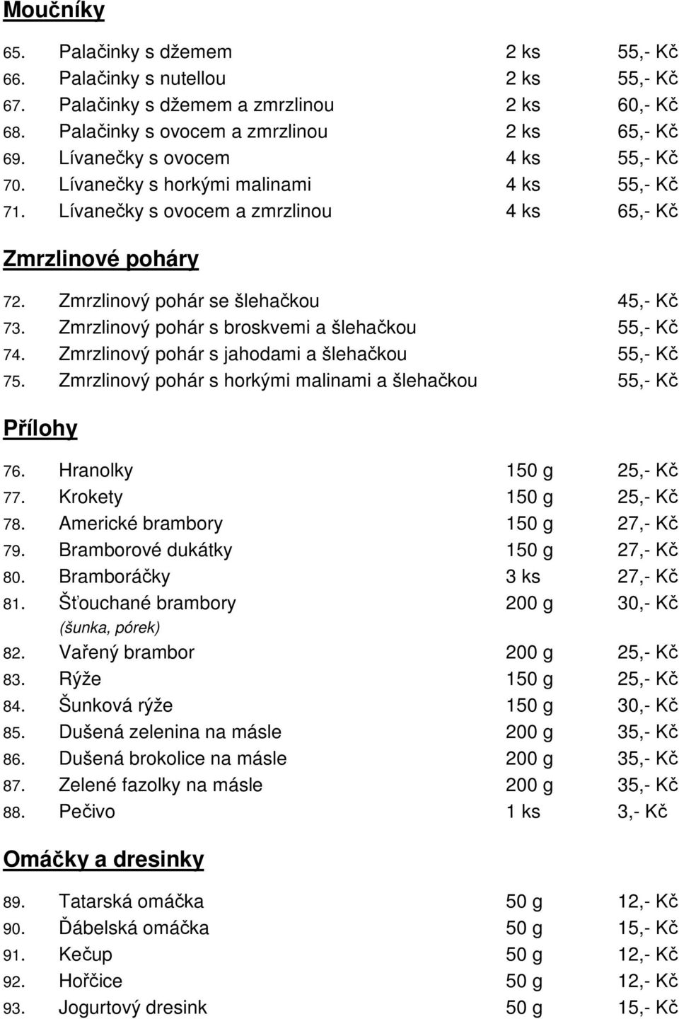 Zmrzlinový pohár s broskvemi a šlehačkou 55,- Kč 74. Zmrzlinový pohár s jahodami a šlehačkou 55,- Kč 75. Zmrzlinový pohár s horkými malinami a šlehačkou 55,- Kč Přílohy 76. Hranolky 150 g 25,- Kč 77.