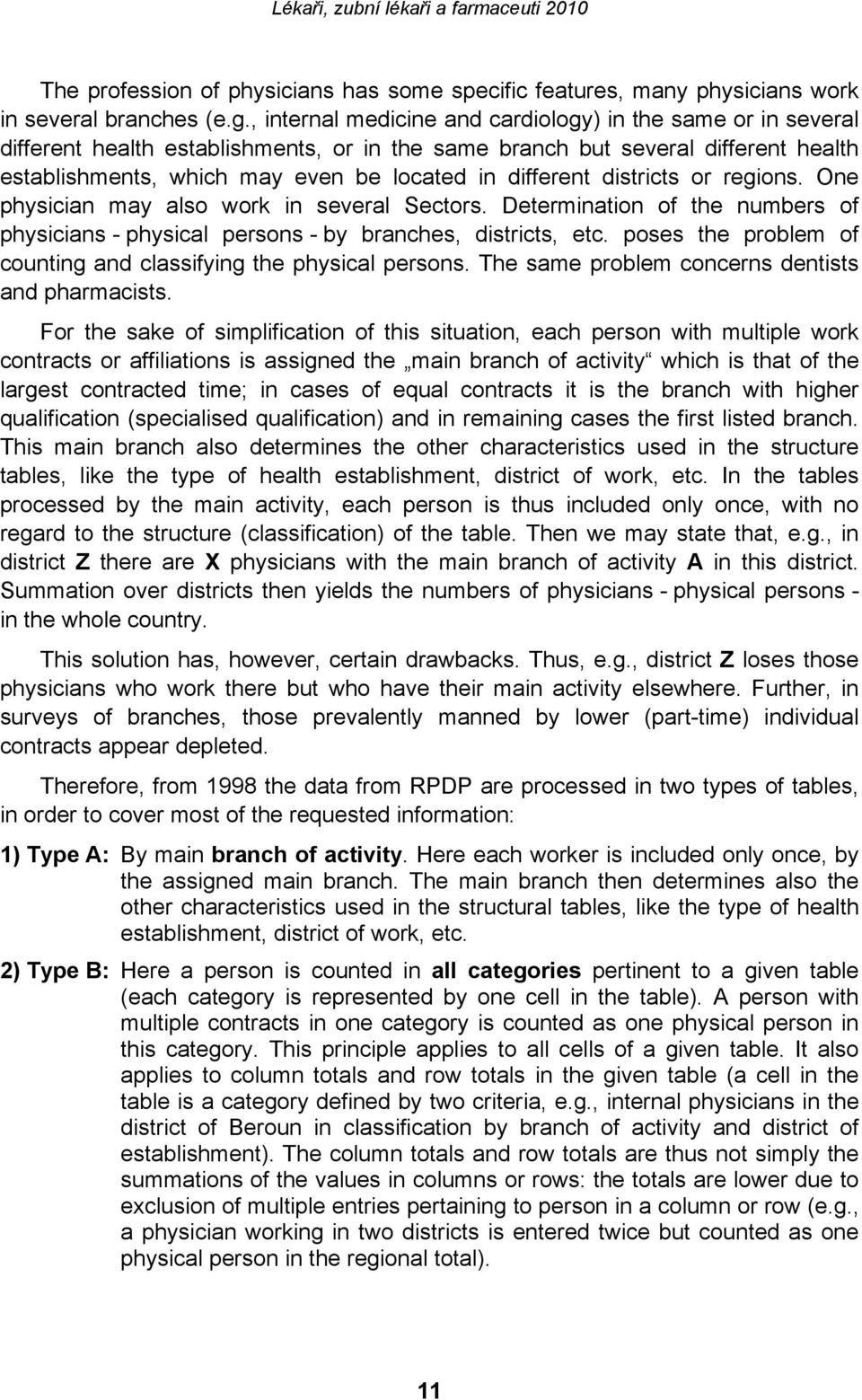 different districts or regions. One physician may also work in several Sectors. Determination of the numbers of physicians - physical persons - by branches, districts, etc.