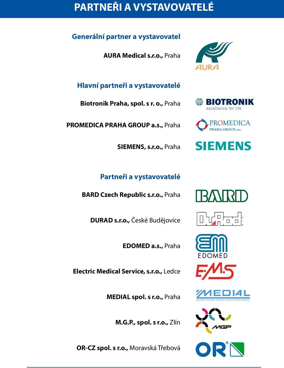 , Praha PROMEDICA PRAHA GROUP a.s., Praha SIEMENS, s.r.o., Praha Partneři a vystavovatelé BARD Czech Republic s.