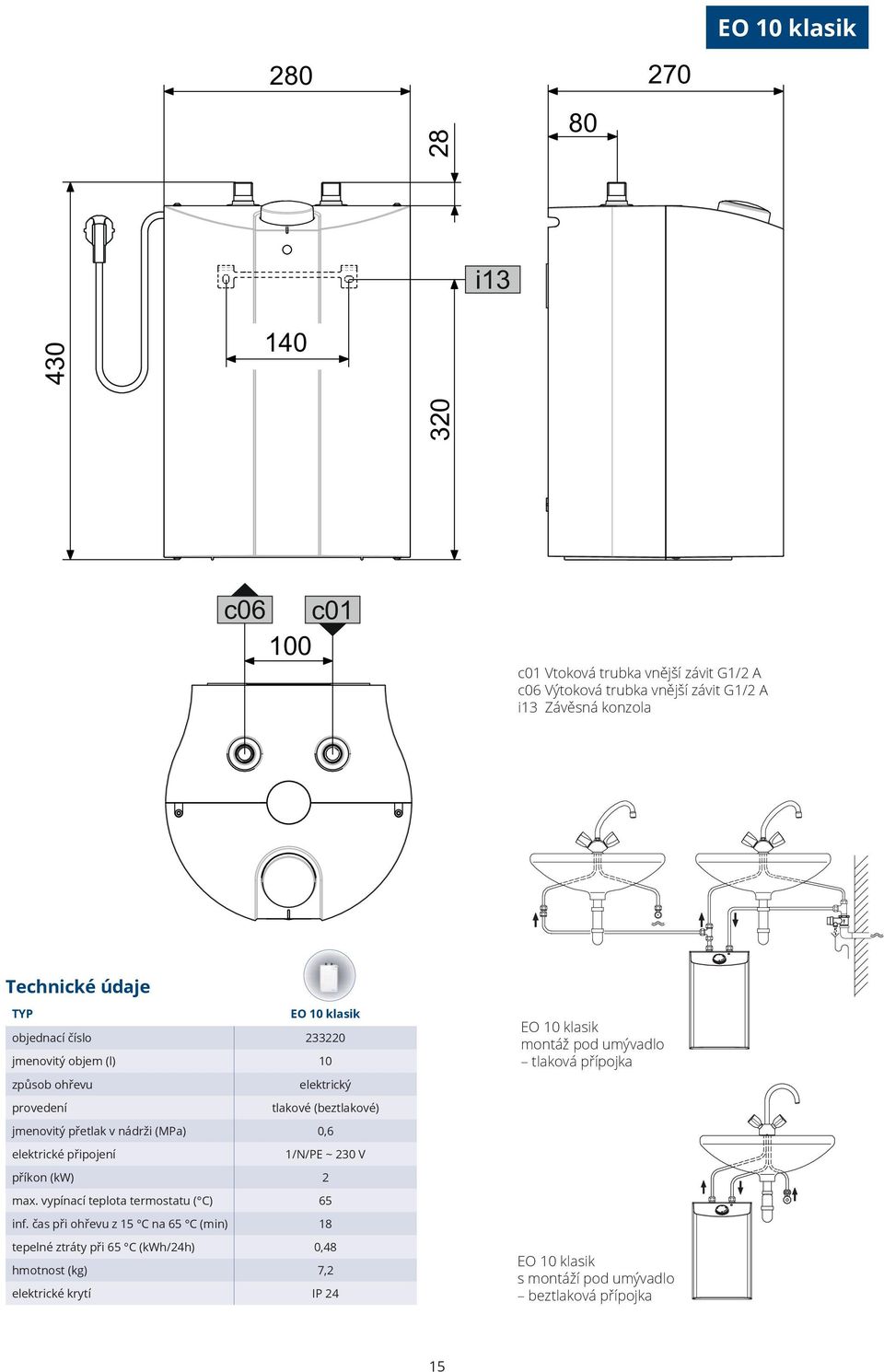 (MPa) 0,6 elektrické připojení 1/N/PE ~ 230 V příkon (kw) 2 max. vypínací teplota termostatu ( C) 65 inf.