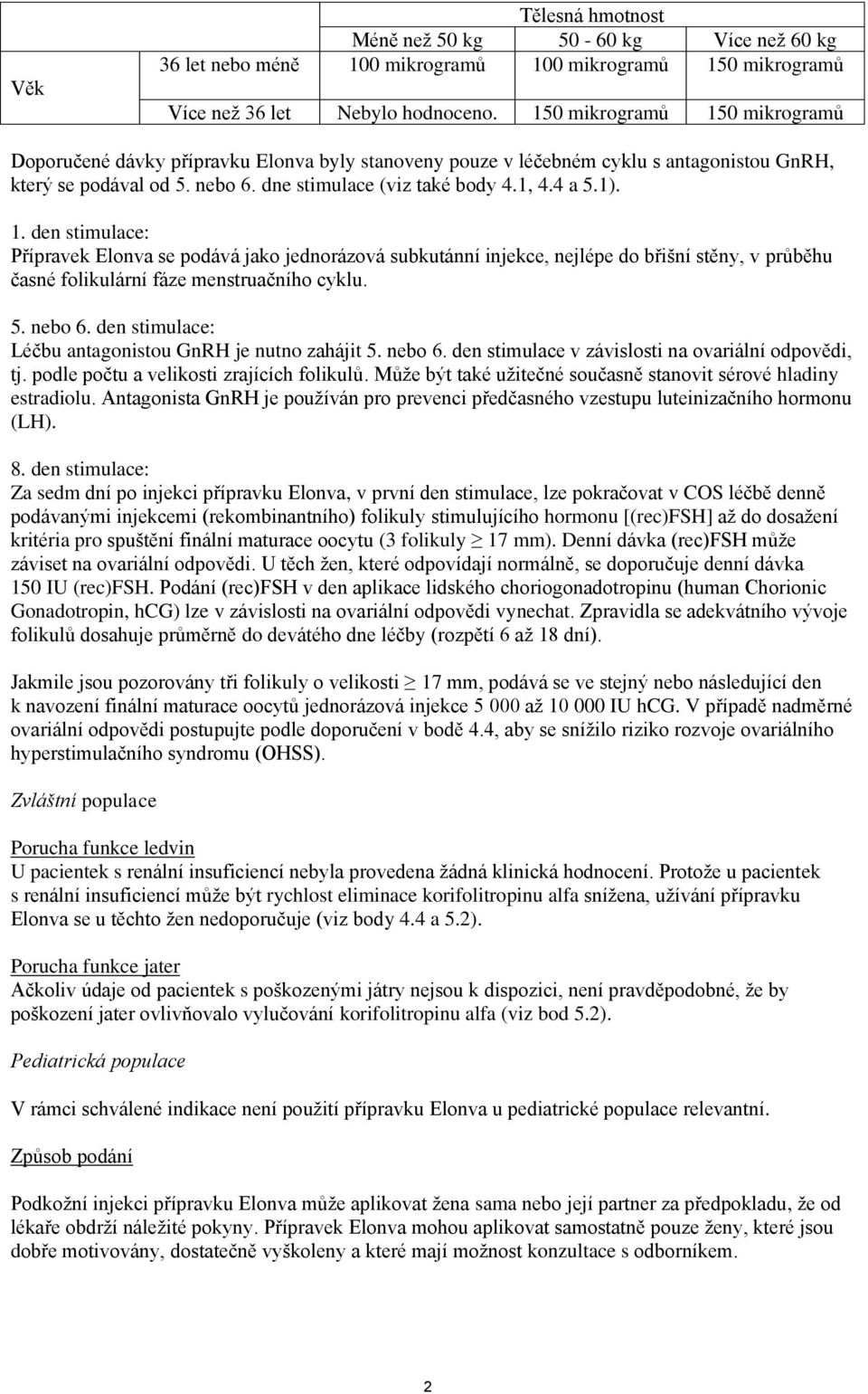 1. den stimulace: Přípravek Elonva se podává jako jednorázová subkutánní injekce, nejlépe do břišní stěny, v průběhu časné folikulární fáze menstruačního cyklu. 5. nebo 6.