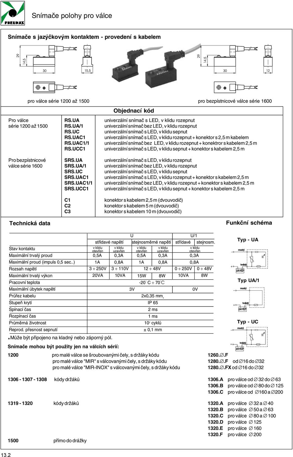 snímač bez LED, rozepnut + konektror s kabelem 2,5 m univerzální snímač s LED, sepnut + konektor s kabelem 2,5 m Pro bezpístnicové válce série 1600 Technická data SRS.UA SRS.UA/1 SRS.UC SRS.UAC1 SRS.