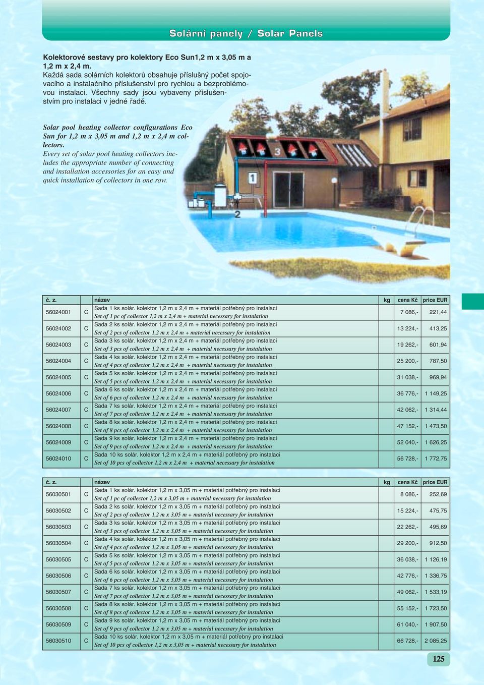 V echny sady jsou vybaveny pfiíslu enstvím pro instalaci v jedné fiadû. Solar pool heating collector configurations Eco Sun for 1,2 m x 3,05 m and 1,2 m x 2,4 m collectors.