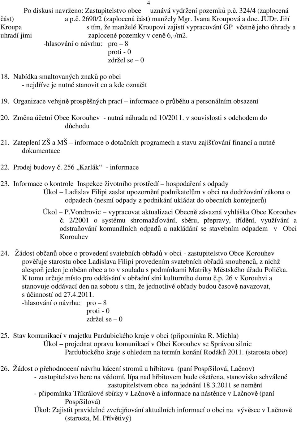 Nabídka smaltovaných znaků po obci - nejdříve je nutné stanovit co a kde označit 19. Organizace veřejně prospěšných prací informace o průběhu a personálním obsazení 20.