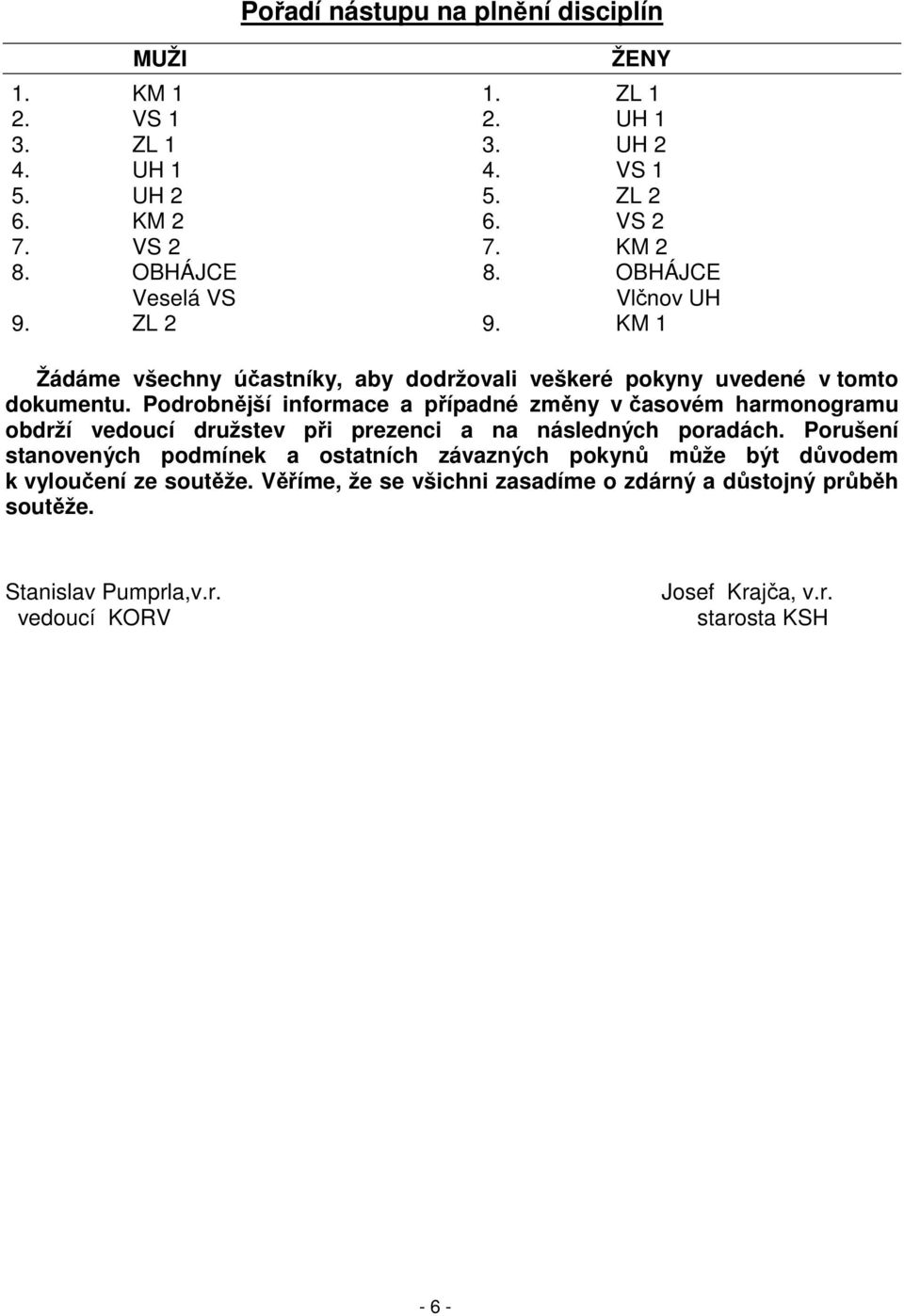 Podrobnější informace a případné změny v časovém harmonogramu obdrží vedoucí družstev při prezenci a na následných poradách.