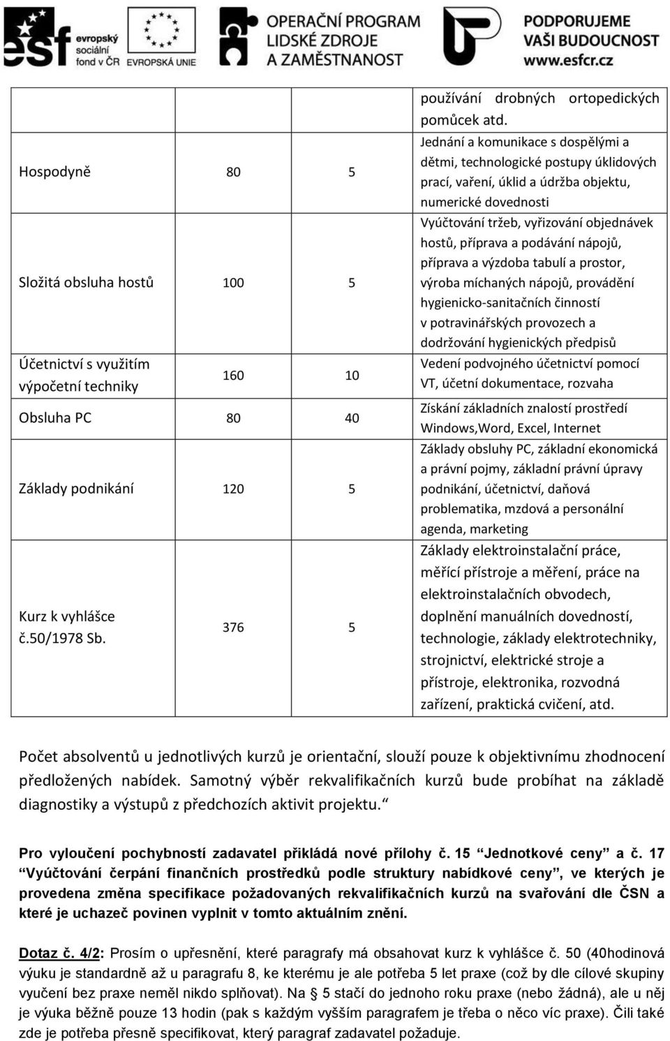 Jednání a komunikace s dospělými a dětmi, technologické postupy úklidových prací, vaření, úklid a údržba objektu, numerické dovednosti Vyúčtování tržeb, vyřizování objednávek hostů, příprava a