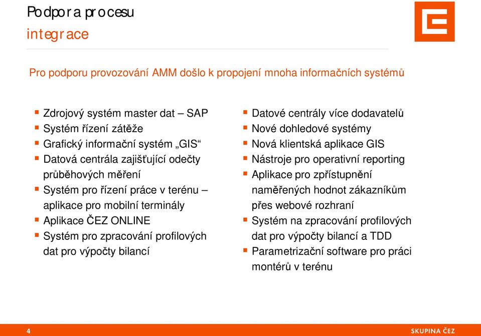 profilových dat pro výpo ty bilancí Datové centrály více dodavatel Nové dohledové systémy Nová klientská aplikace GIS Nástroje pro operativní reporting Aplikace pro zp