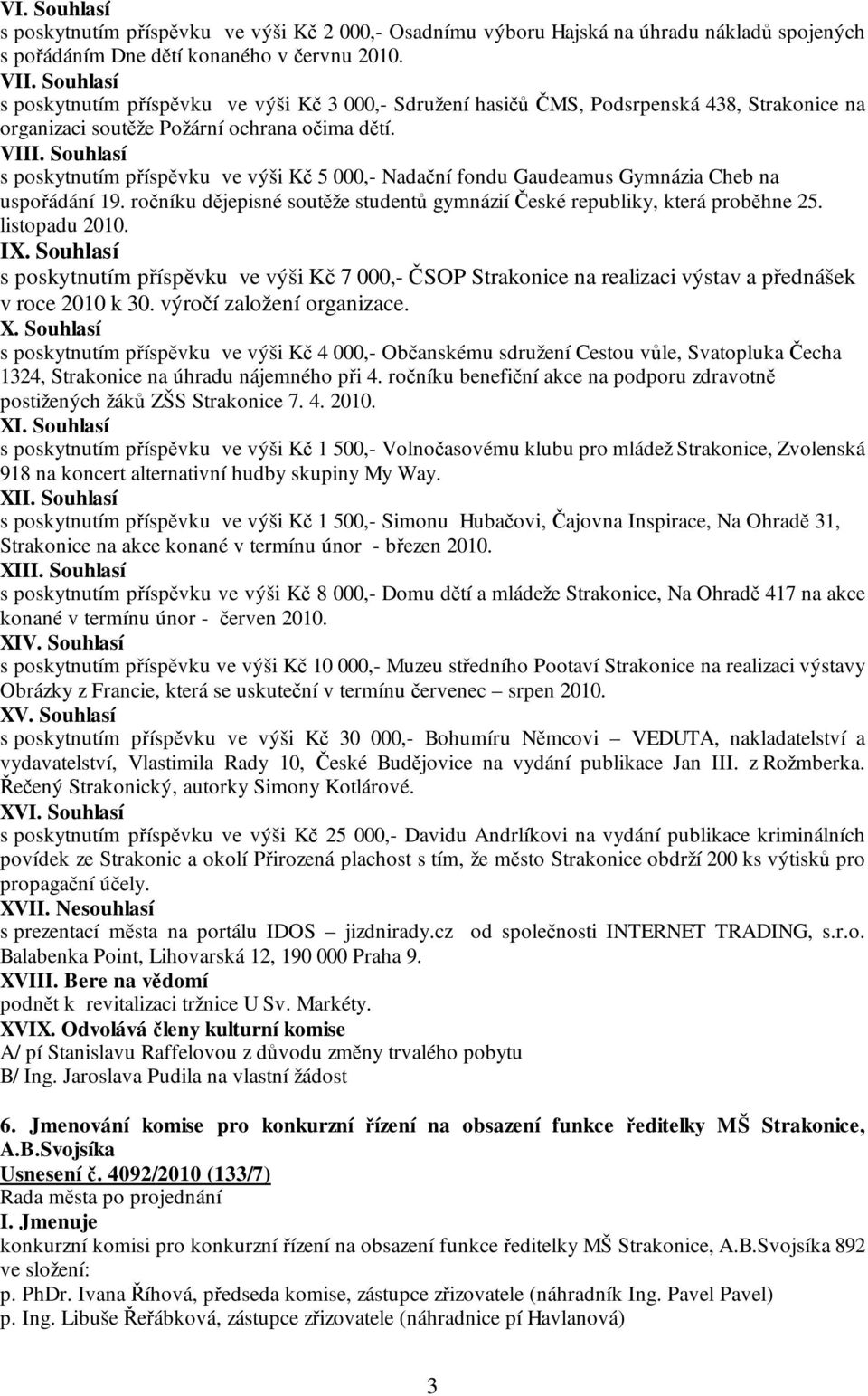 VII s poskytnutím příspěvku ve výši Kč 5 000,- Nadační fondu Gaudeamus Gymnázia Cheb na uspořádání 19. ročníku dějepisné soutěže studentů gymnázií České republiky, která proběhne 25. listopadu 2010.