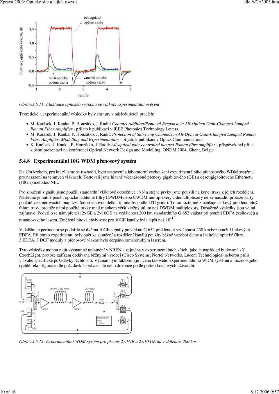 Honzátko, J. Radil: Protection of Surviving Channels in All-Optical Gain-Clamped Lumped Raman Fibre Amplifier: Modelling and Experimentation - přijato k publikaci v Optics Communications K.