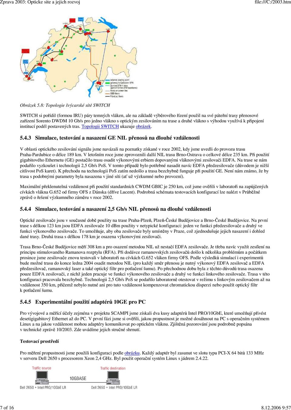 vlákno s optickým zesilováním na trase a druhé vlákno s výhodou využívá k připojení institucí podél postavených tras. Topologii SWITCH ukazuje obrázek. 5.4.