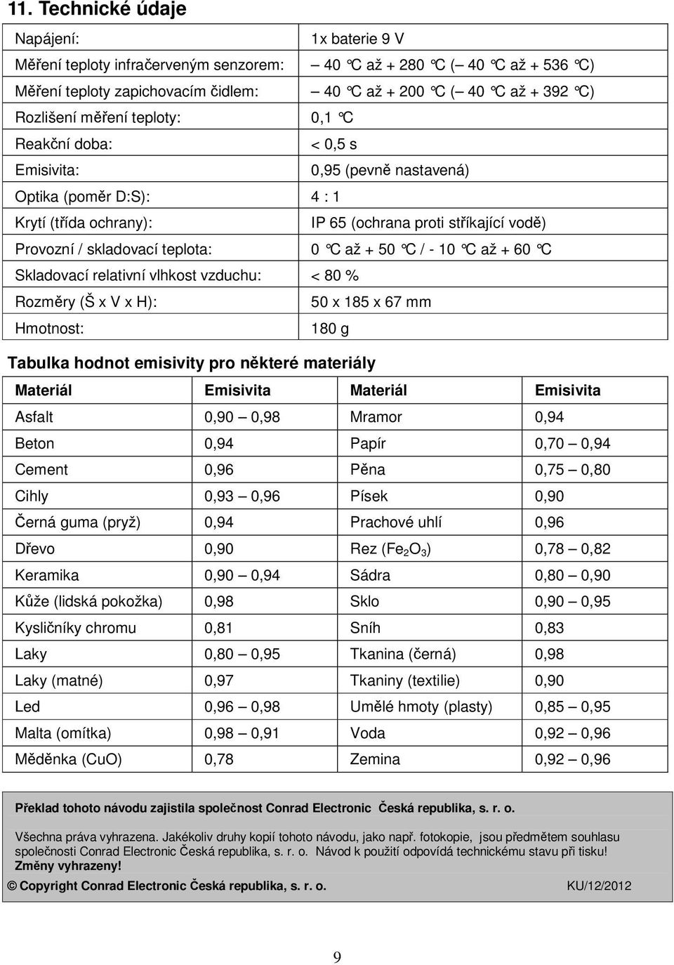 až + 50 C / - 10 C až + 60 C Skladovací relativní vlhkost vzduchu: < 80 % Rozměry (Š x V x H): 50 x 185 x 67 mm Hmotnost: 180 g Tabulka hodnot emisivity pro některé materiály Materiál Emisivita