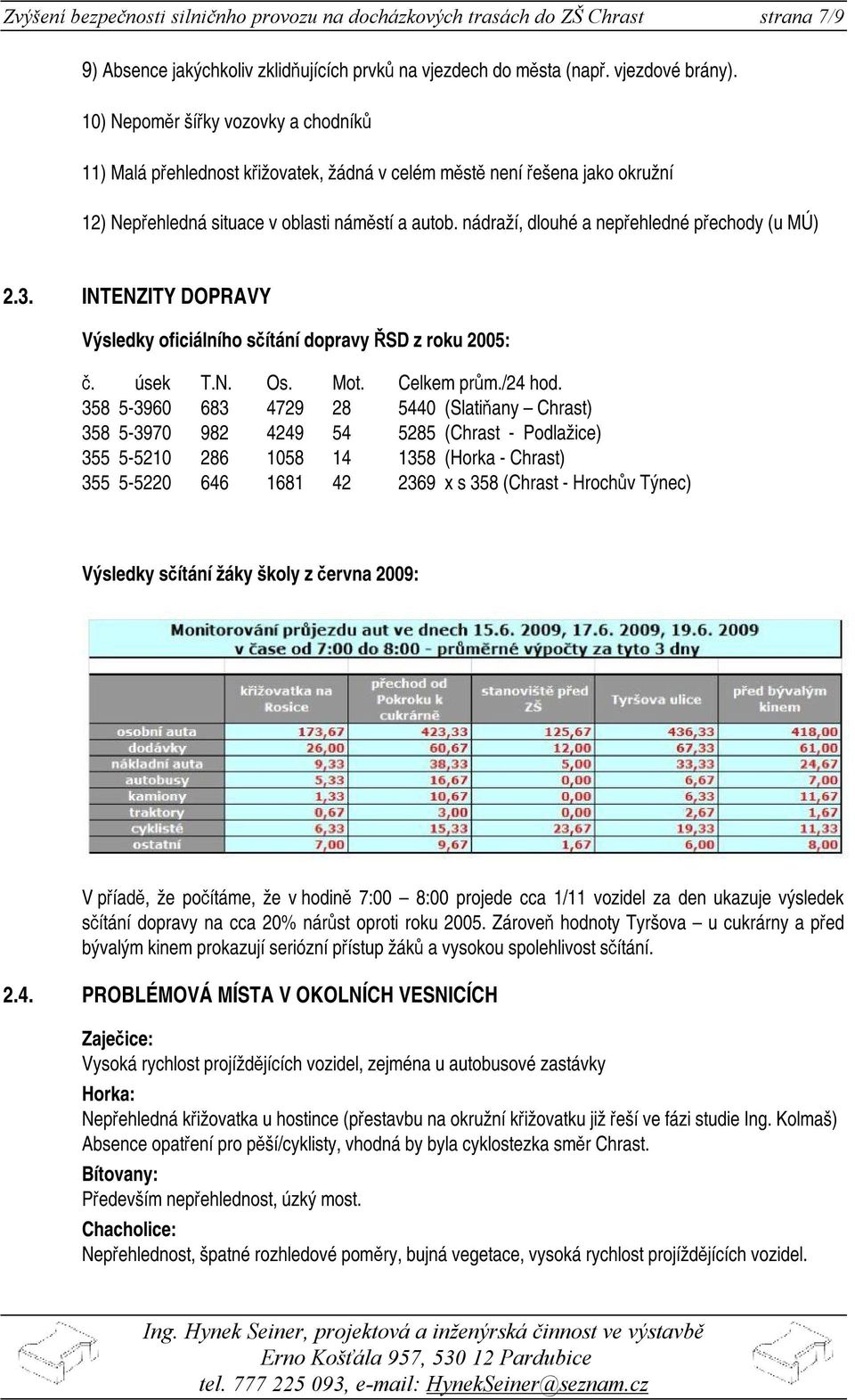 nádraží, dlouhé a nepřehledné přechody (u MÚ) 2.3. INTENZITY DOPRAVY Výsledky oficiálního sčítání dopravy ŘSD z roku 2005: č. úsek T.N. Os. Mot. Celkem prům./24 hod.