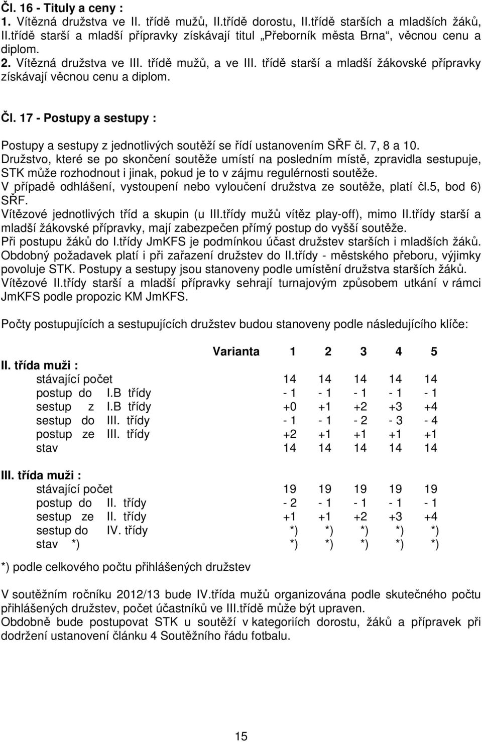 třídě starší a mladší žákovské přípravky získávají věcnou cenu a diplom. Čl. 17 - Postupy a sestupy : Postupy a sestupy z jednotlivých soutěží se řídí ustanovením SŘF čl. 7, 8 a 10.