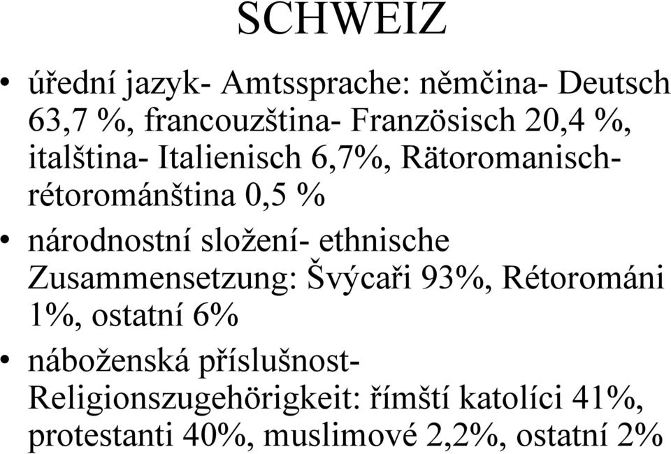 ethnische Zusammensetzung: Švýcaři 93%, Rétorománi 1%, ostatní 6% náboženská