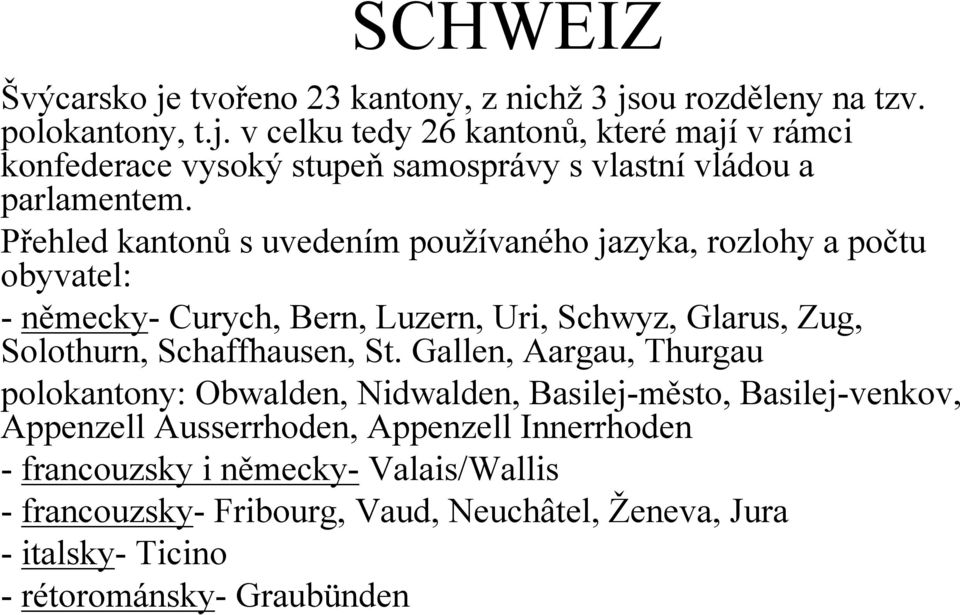 St. Gallen, Aargau, Thurgau polokantony: Obwalden, Nidwalden, Basilej-město, Basilej-venkov, Appenzell Ausserrhoden, Appenzell Innerrhoden - francouzsky i