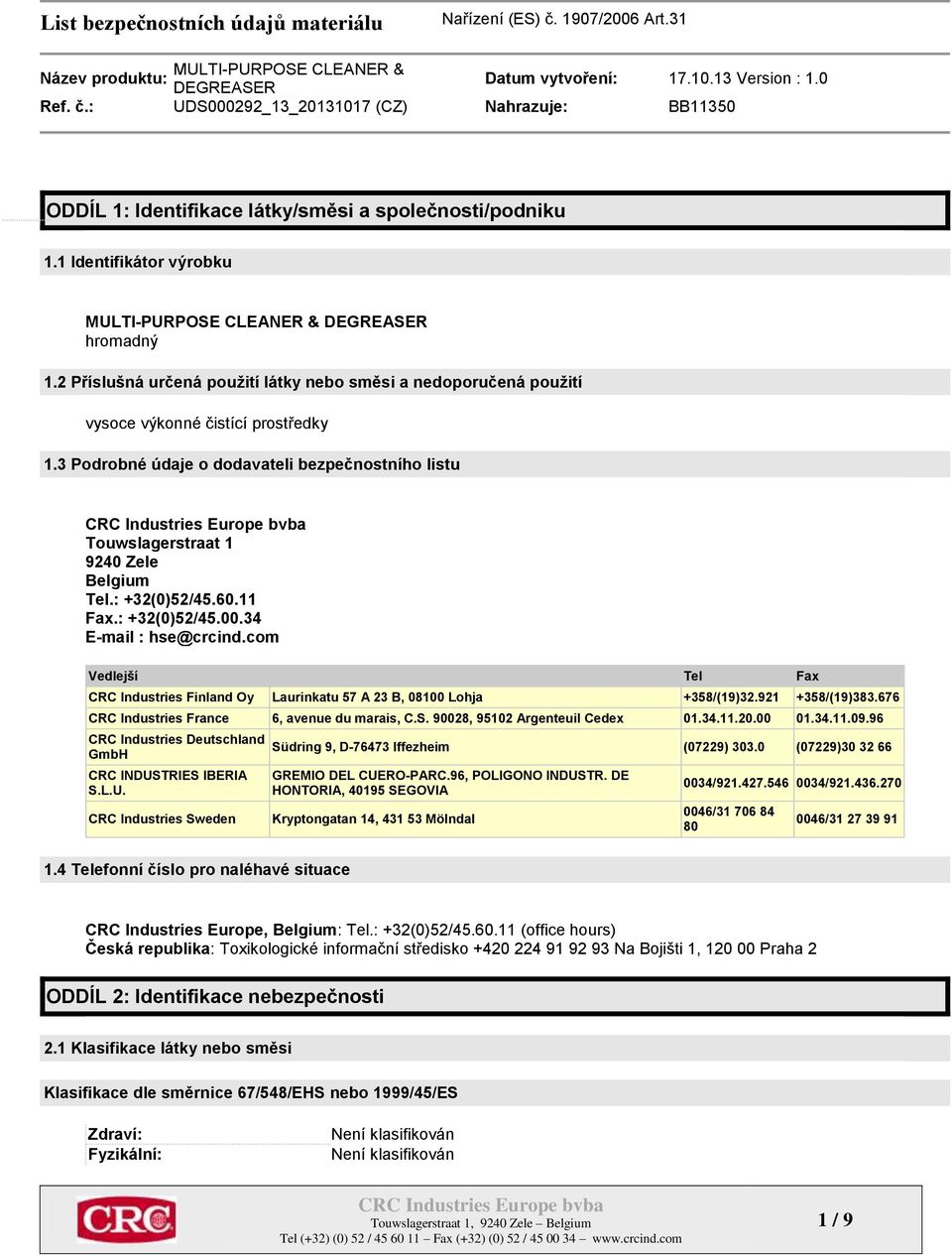 com Vedlejší Tel Fax CRC Industries Finland Oy Laurinkatu 57 A 23 B, 08100 Lohja +358/(19)32.921 +358/(19)383.676 CRC Industries France 6, avenue du marais, C.S. 90028, 95102 Argenteuil Cedex 01.34.