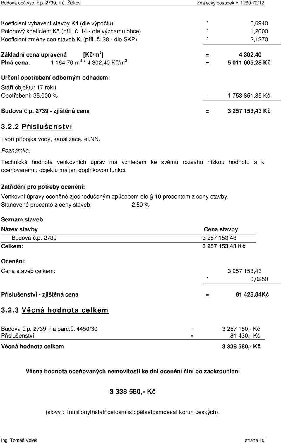 38 - dle SKP) * 2,1270 Základní cena upravená [Kč/m 3 ] = 4 302,40 Plná cena: 1 164,70 m 3 * 4 302,40 Kč/m 3 = 5 011 005,28 Kč Určení opotřebení odborným odhadem: Stáří objektu: 17 roků Opotřebení: