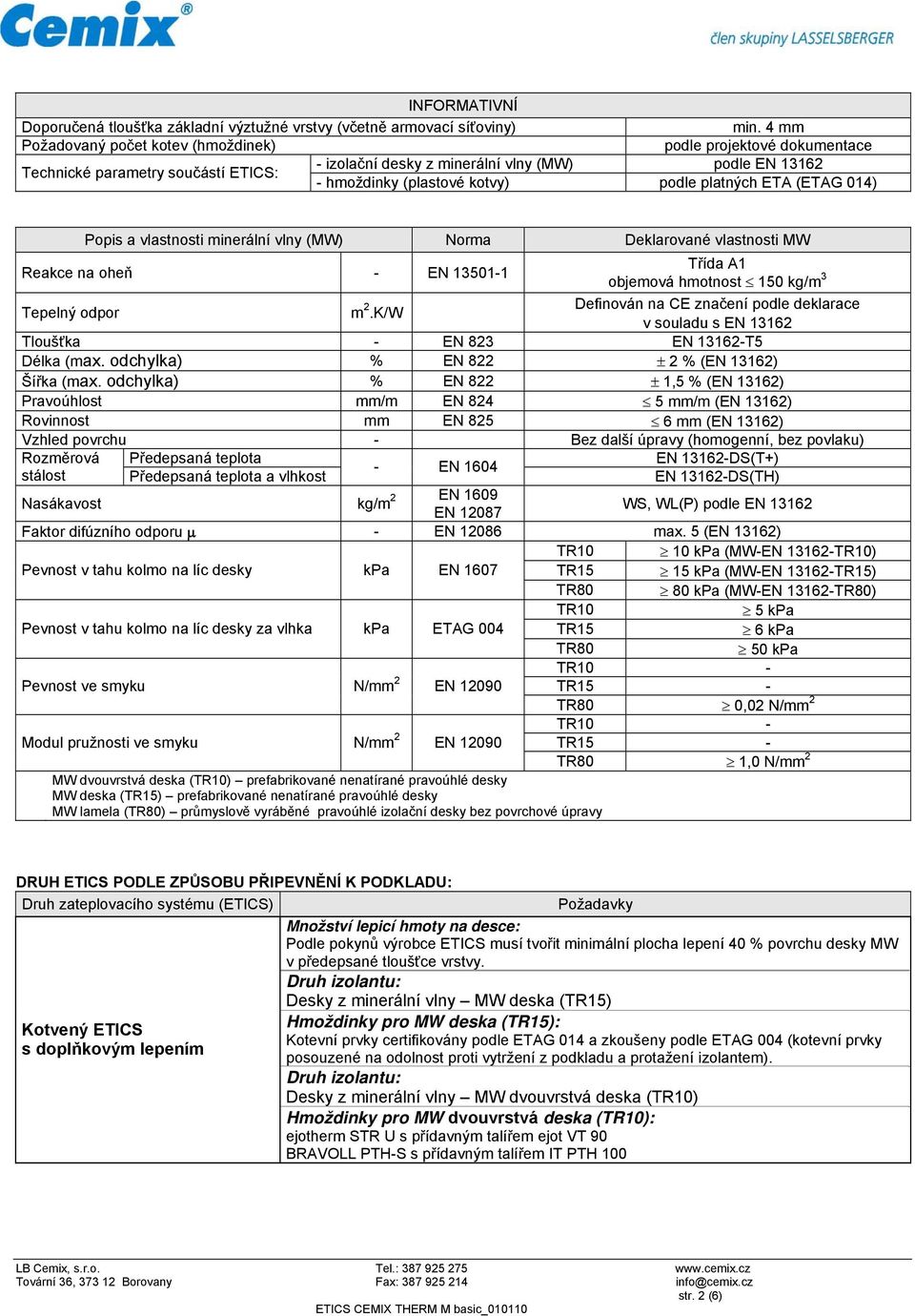 ETA (ETAG 014) Popis a vlastnosti minerální vlny (MW) Norma Deklarované vlastnosti MW Reakce na oheň EN 135011 Třída A1 objemová hmotnost 150 kg/m 3 Tepelný odpor m 2.