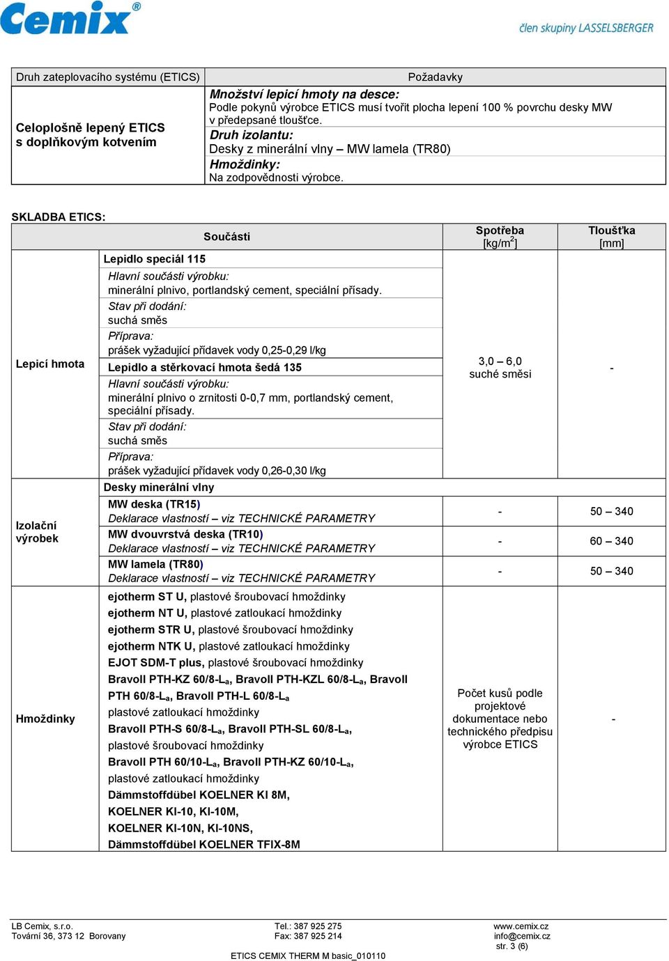 SKLADBA ETICS: Lepicí hmota Izolační výrobek Hmoždinky Součásti Lepidlo speciál 115 minerální plnivo, portlandský cement, speciální přísady.