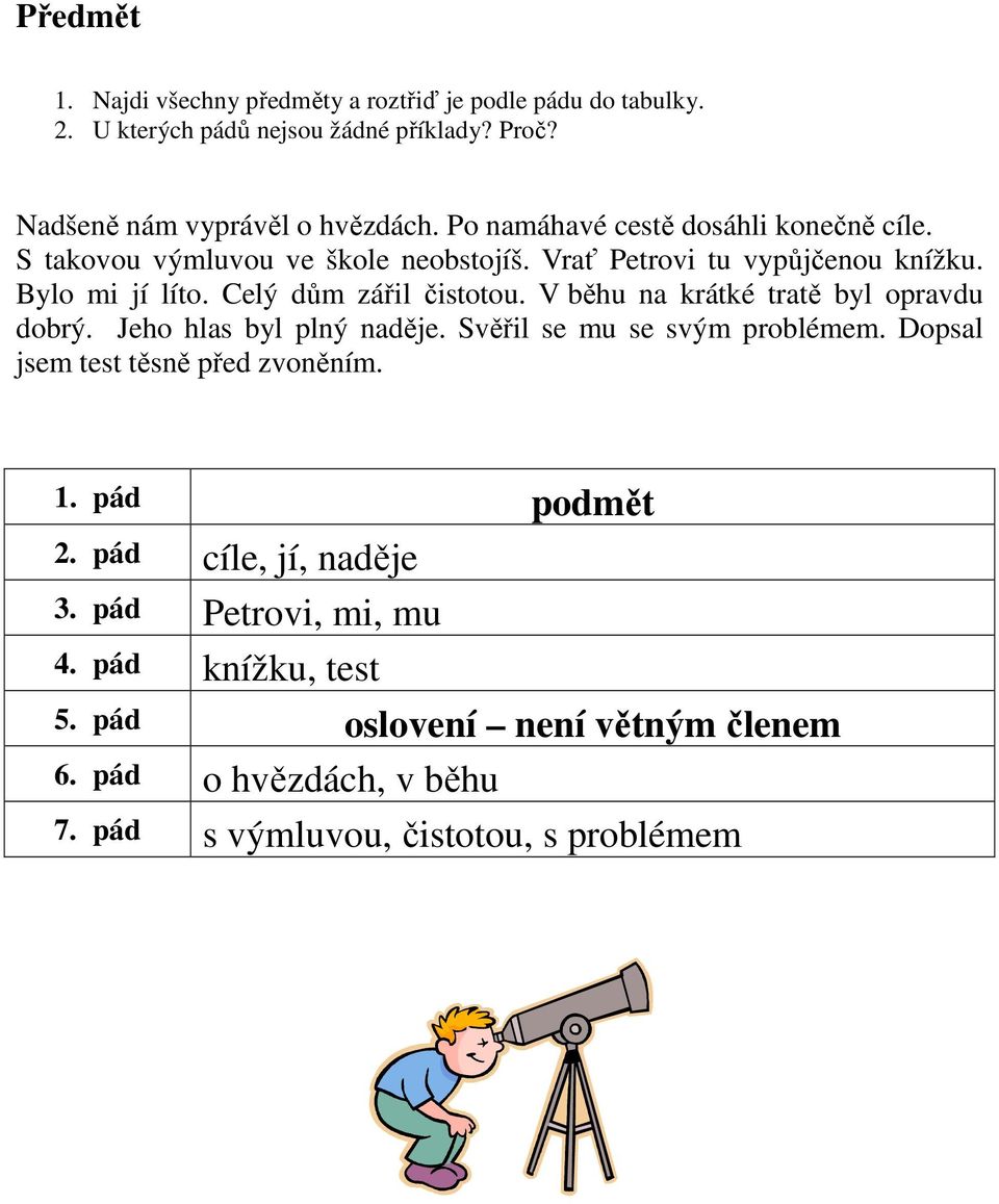 V běhu na krátké tratě byl opravdu dobrý. Jeho hlas byl plný naděje. Svěřil se mu se svým problémem. Dopsal jsem test těsně před zvoněním. 1. pád podmět 2.