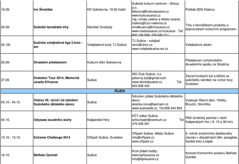 cz Pořádá SDS Klatovy. Trhy s farmářskými produkty a doprovodným kulturním programem. Volejbalová utkání. 20.09.