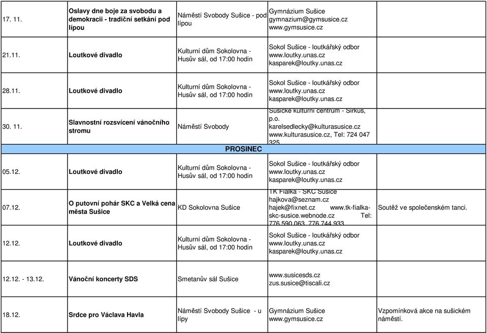 Loutkové divadlo 07.12. O putovní pohár SKC a Velká cena města Sušice 12.12. Loutkové divadlo Husův sál, od 17:00 KD Sokolovna Sušice Husův sál, od 17:00 TK Fialka - SKC Sušice hajkova@seznam.