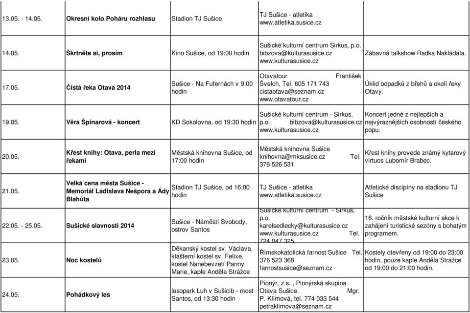 20.05. Křest knihy: Otava, perla mezi řekami Městská knihovna Sušice, od 17:00 Městská knihovna Sušice knihovna@mksusice.cz Tel. 376 526 531 Křest knihy provede známý kytarový virtuos Lubomír Brabec.