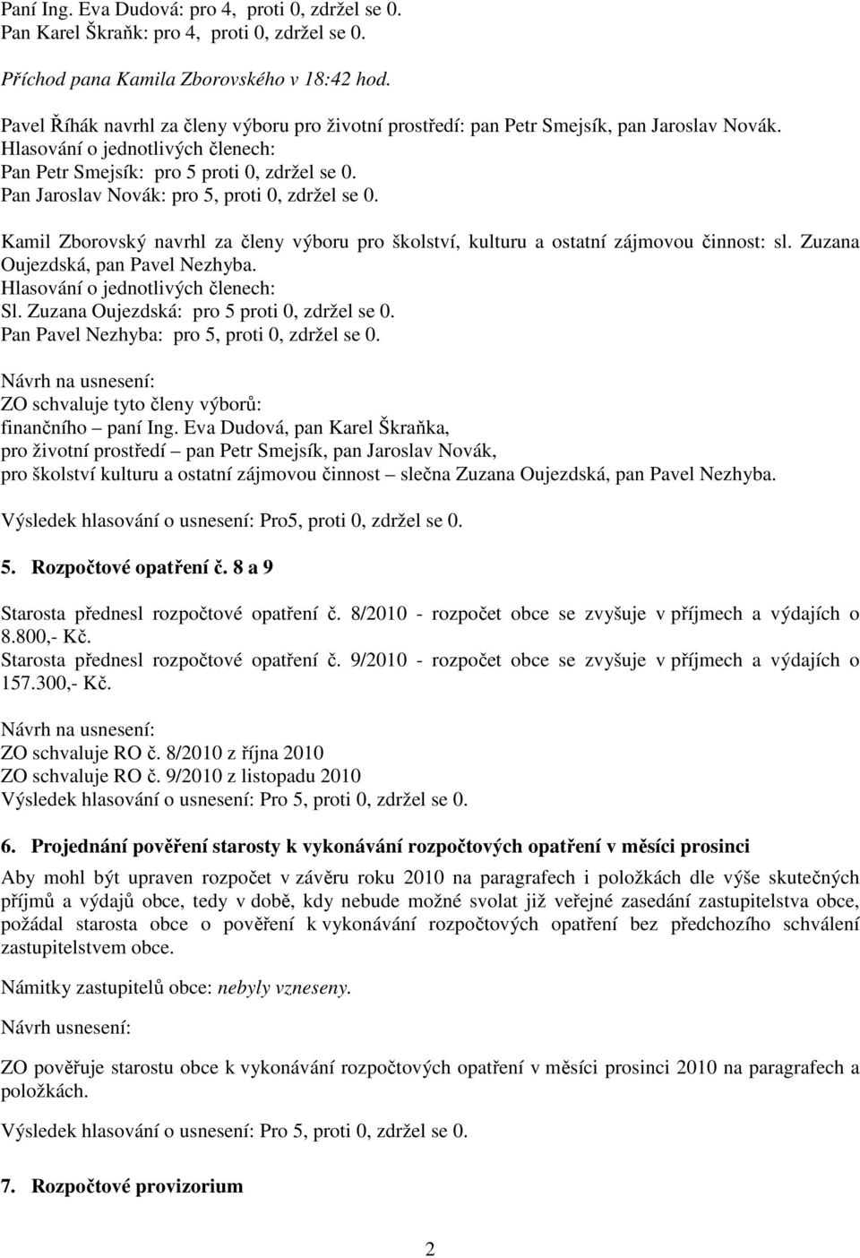 Pan Jaroslav Novák: pro 5, proti 0, zdržel se 0. Kamil Zborovský navrhl za členy výboru pro školství, kulturu a ostatní zájmovou činnost: sl. Zuzana Oujezdská, pan Pavel Nezhyba.