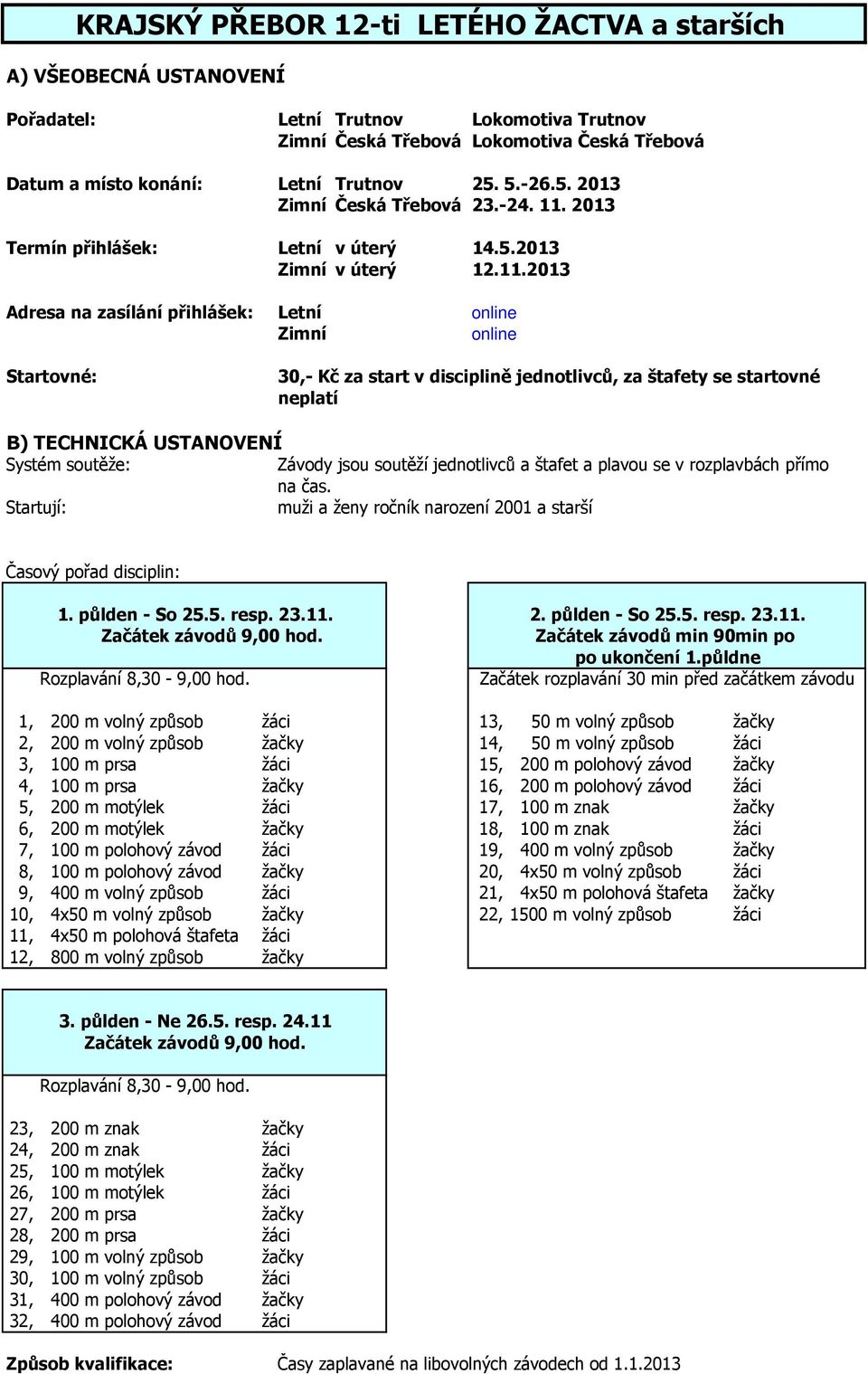 2013 Termín přihlášek: Letní v úterý 14.5.2013 Zimní v úterý 12.11.