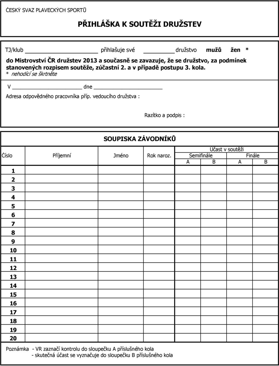 * nehodící se škrtněte V dne Adresa odpovědného pracovníka příp. vedoucího družstva : Razítko a podpis : SOUPISKA ZÁVODNÍKŮ Číslo Příjemní Jméno Rok naroz.
