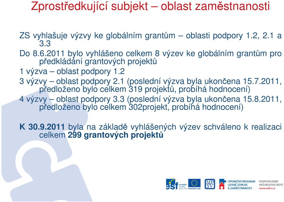 1 (poslední výzva byla ukončena 15.7.2011, předloženo bylo celkem 319 projektů, probíhá hodnocení) 4 výzvy oblast podpory 3.