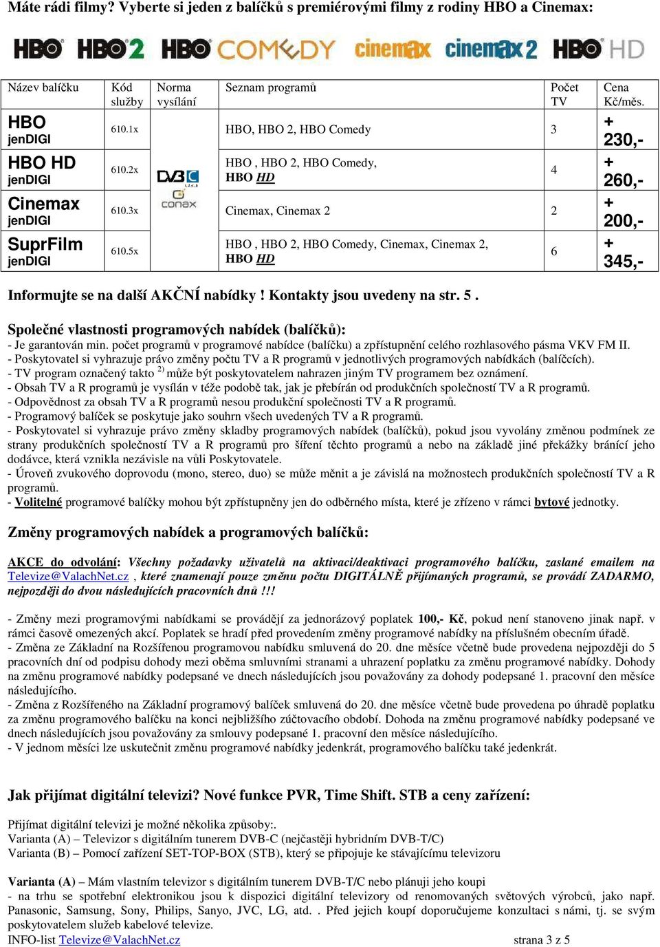 Kontakty jsou uvedeny na str. 5. Společné vlastnosti programových nabídek (balíčků): - Je garantován min.