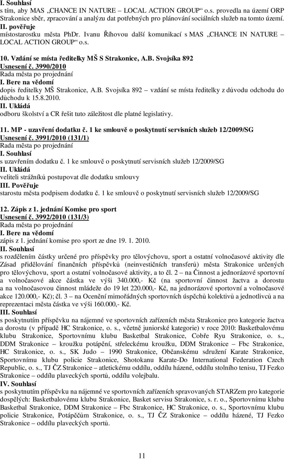 3990/2010 I. Bere na vědomí dopis ředitelky MŠ Strakonice, A.B. Svojsíka 892 vzdání se místa ředitelky z důvodu odchodu do důchodu k 15.8.2010. II.