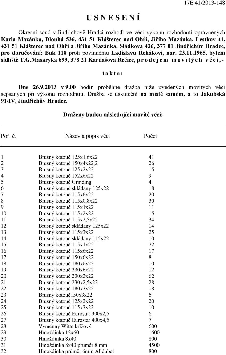 Masaryka 699, 378 21 Kardašova Řečice, prodejem movitých věcí,- takto: Dne 26.9.2013 v 9.00 hodin proběhne dražba níže uvedených movitých věcí sepsaných při výkonu rozhodnutí.