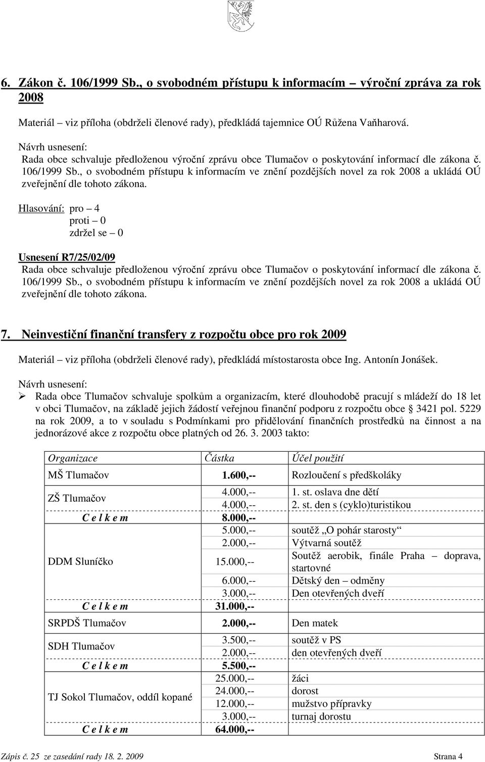 , o svobodném přístupu k informacím ve znění pozdějších novel za rok 2008 a ukládá OÚ zveřejnění dle tohoto zákona.