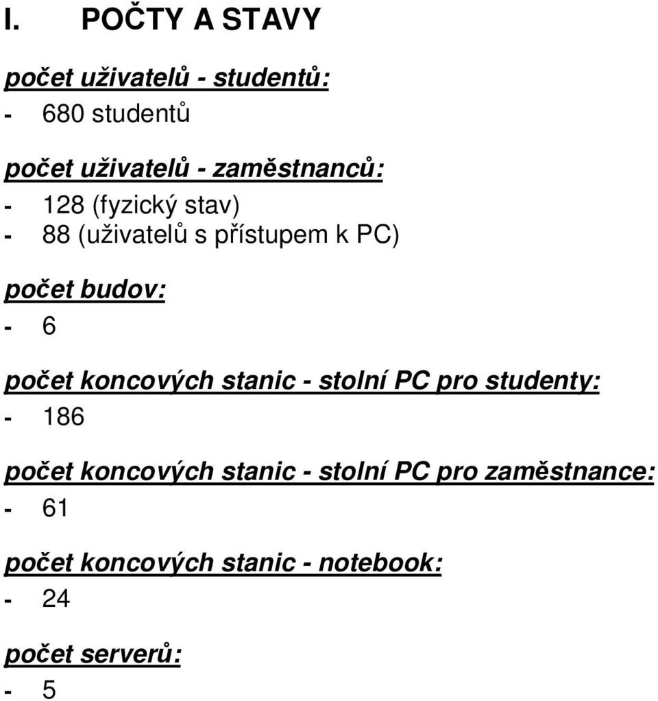 6 počet koncových stanic - stolní PC pro studenty: - 186 počet koncových stanic -