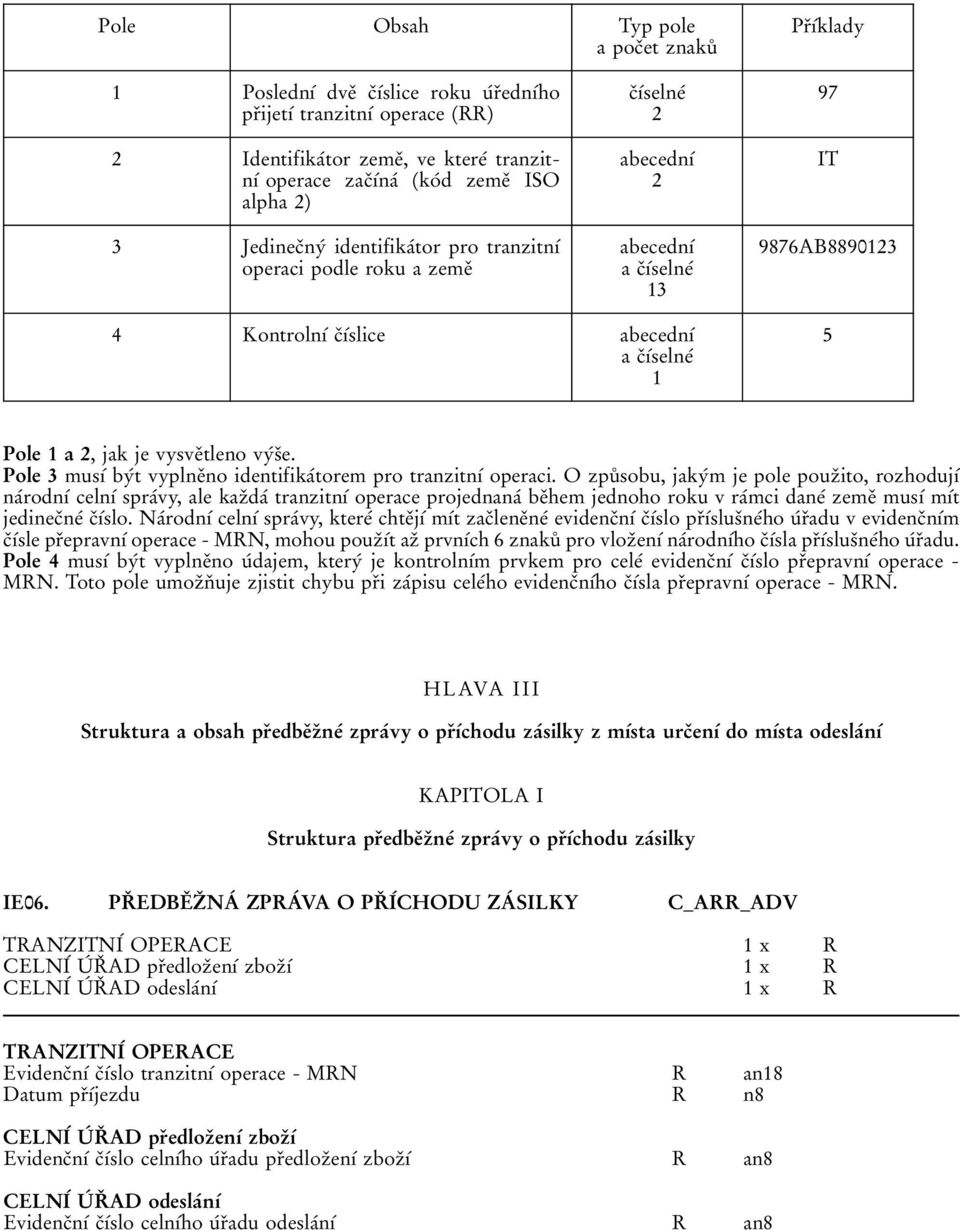 cпхвselneв 1 5 Pole 1 a 2, jak je vysveпtleno vyвsпe. Pole 3 musхв byвt vyplneпno identifikaвtorem pro tranzitnхв operaci.