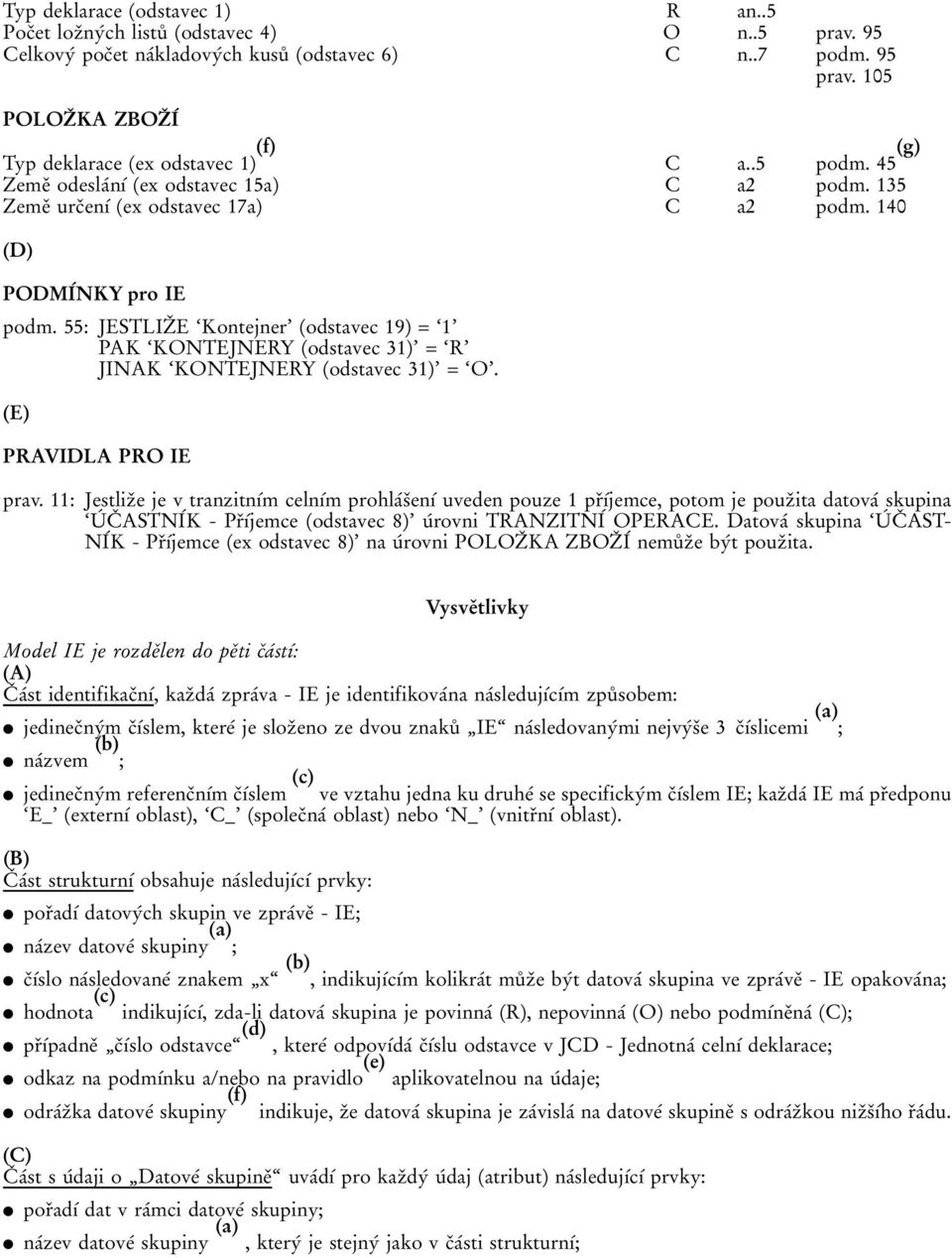 140 (D) PODMIВNKY pro IE podm. 55: JESTLIZП E `Kontejner' (odstavec 19) = `1' PAK `KONTEJNERY (odstavec 31)' = `R' JINAK `KONTEJNERY (odstavec 31)' = `O'. (E) PRAVIDLA PRO IE prav.