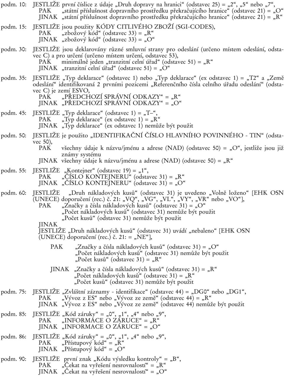 15: JESTLIZП E jsou pouzпity KOВ DY CITLIVEВ HO ZBOZП IВ (SGI-CODES), PAK zbozпovyв koвdє (odstavec 33) = RЄ JINAK zbozпovyв koвdє (odstavec 33) = OЄ podm.