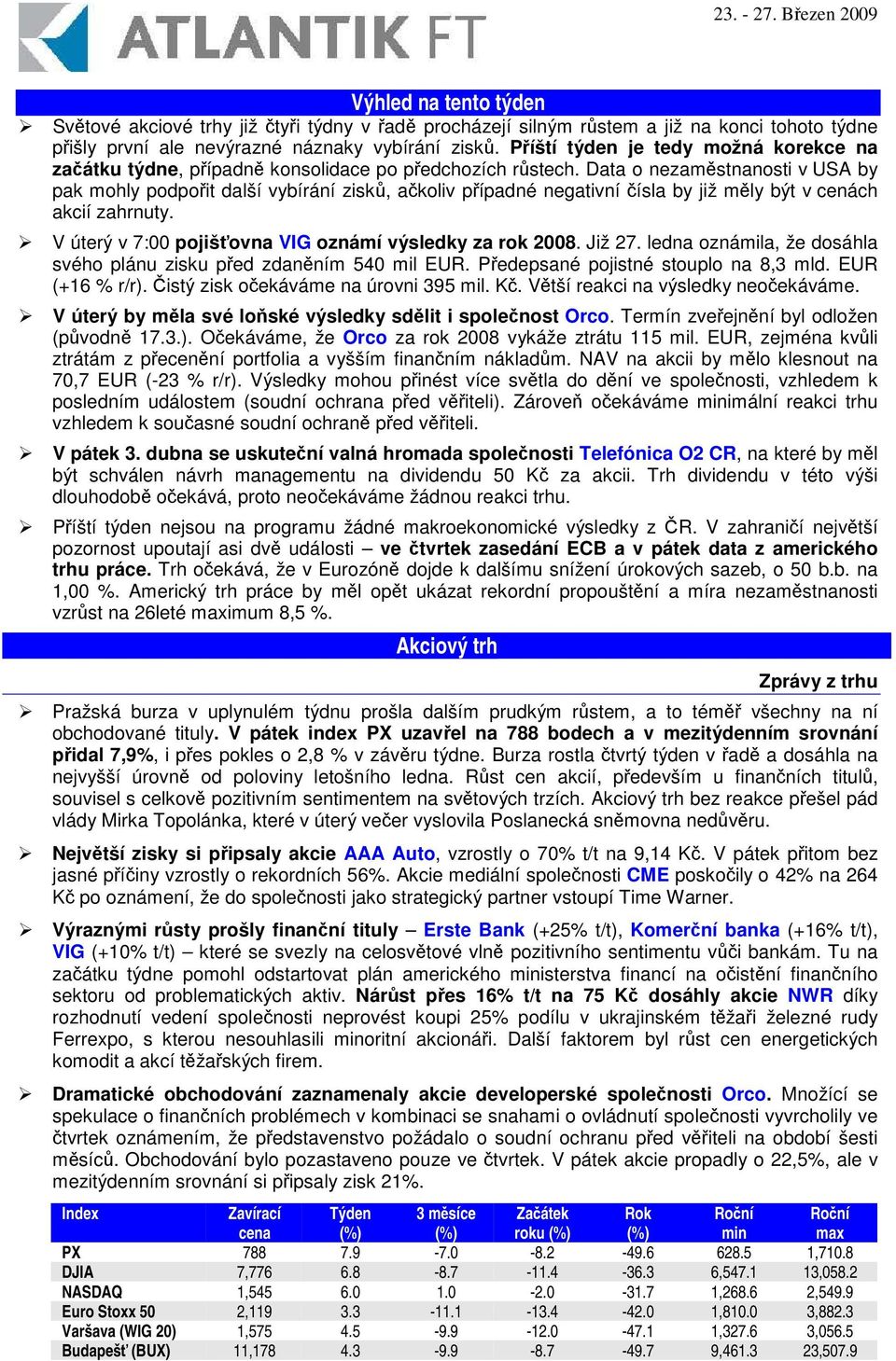 Data o nezamstnanosti v USA by pak mohly podpoit další vybírání zisk, akoliv pípadné negativní ísla by již mly být v cenách akcií zahrnuty. V úterý v 7:00 pojišovna VIG oznámí výsledky za rok 2008.