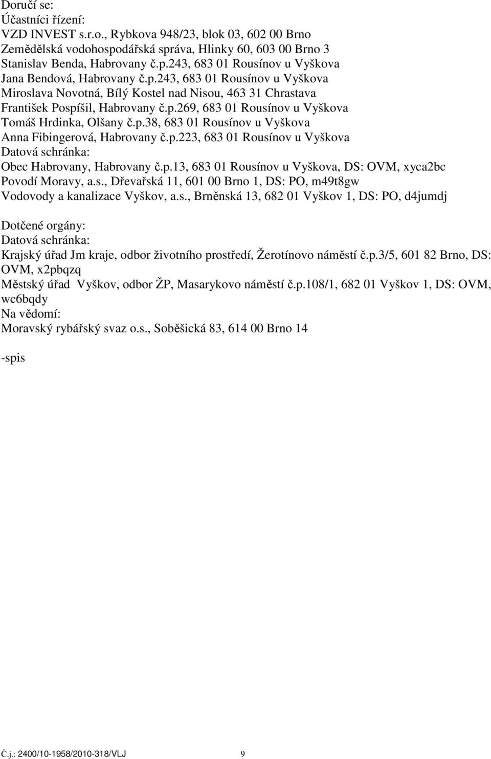 p.223, 683 01 Rousínov u Vyškova Datová schránka: Obec Habrovany, Habrovany č.p.13, 683 01 Rousínov u Vyškova, DS: OVM, xyca2bc Povodí Moravy, a.s., Dřevařská 11, 601 00 Brno 1, DS: PO, m49t8gw Vodovody a kanalizace Vyškov, a.