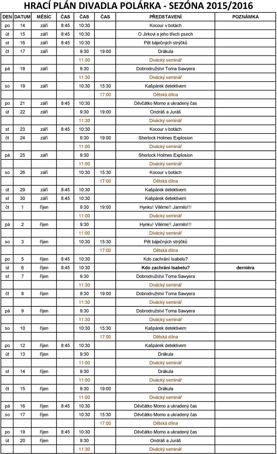 00 Divácký seminář pá 18 září 9:30 Dobrodružství Toma Sawyera so 19 září 10:30 15:30 Kašpárek detektivem po 21 září 8:45 10:30 Děvčátko Momo a ukradený čas út 22 září 9:30 19:00 Ondráš a Juráš st 23