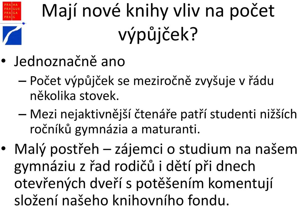 Mezi nejaktivnější čtenáře patří studenti nižších ročníků gymnázia a maturanti.