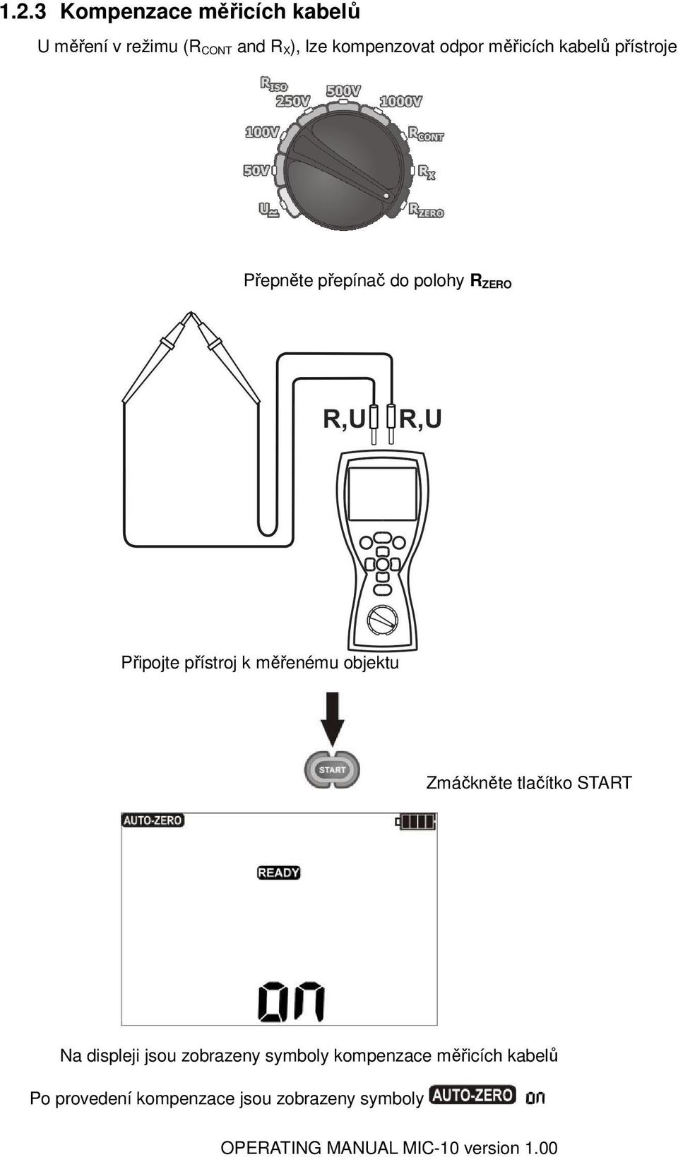 Připojte přístroj k měřenému objektu Zmáčkněte tlačítko START Na displeji jsou