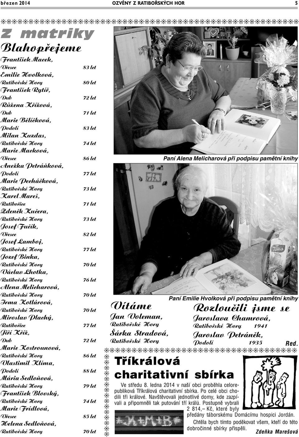 Melicharová, Irma Kotlárová, Miroslav Plachý, Ratiboøice Jiøí Køíž, Dub Marie Kostrounová, Vlastimil Klíma, Podolí Mária Sedloòová, František Blovský, Marie Frídlová, Helena Sedloòová, 83 let 80 let