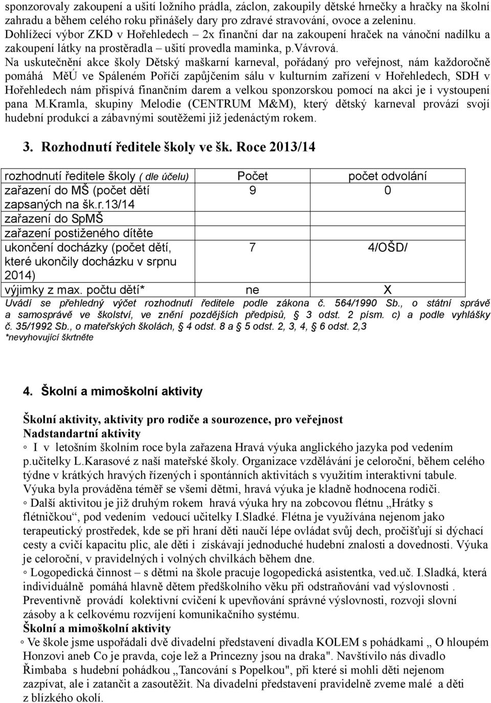 Na uskutečnění akce školy Dětský maškarní karneval, pořádaný pro veřejnost, nám každoročně pomáhá MěÚ ve Spáleném Poříčí zapůjčením sálu v kulturním zařízení v Hořehledech, SDH v Hořehledech nám