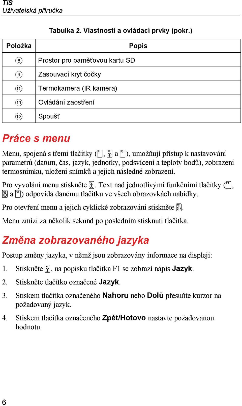 nastavování parametrů (datum, čas, jazyk, jednotky, podsvícení a teploty bodů), zobrazení termosnímku, uložení snímků a jejich následné zobrazení. Pro vyvolání menu stiskněte.