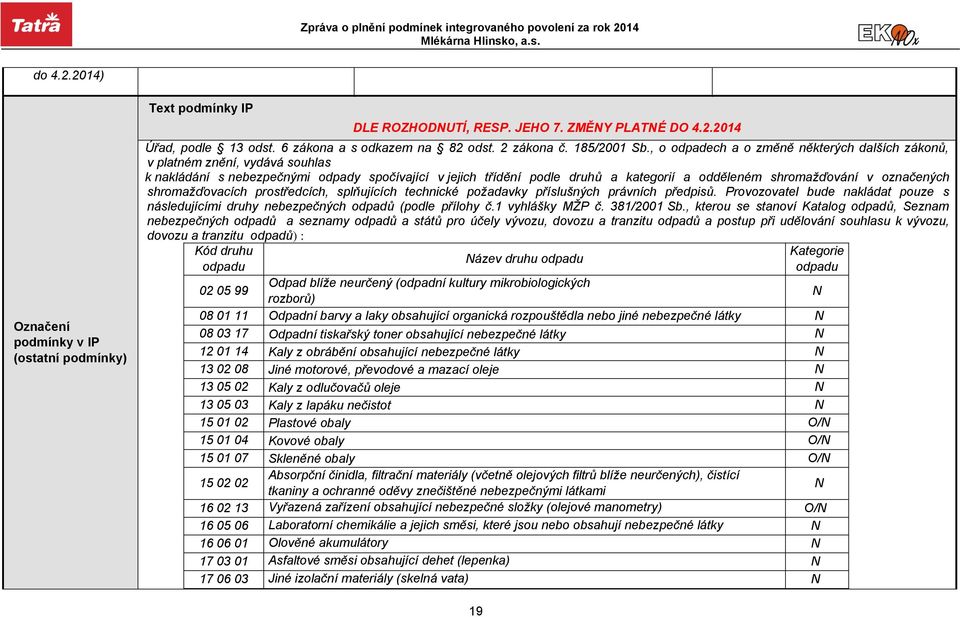 označených shromažďovacích prostředcích, splňujících technické požadavky příslušných právních předpisů. Provozovatel bude nakládat pouze s následujícími druhy nebezpečných odpadů (podle přílohy č.